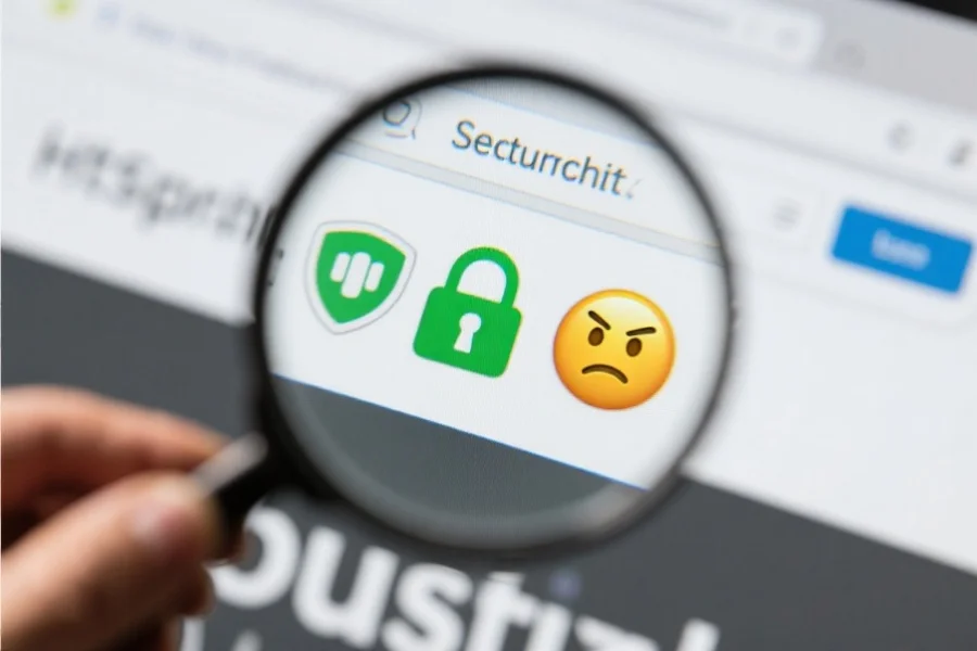 放大镜下的浏览器地址栏，突出显示https安全标志和绿色锁，旁边有警惕的表情符号，强调安全上网